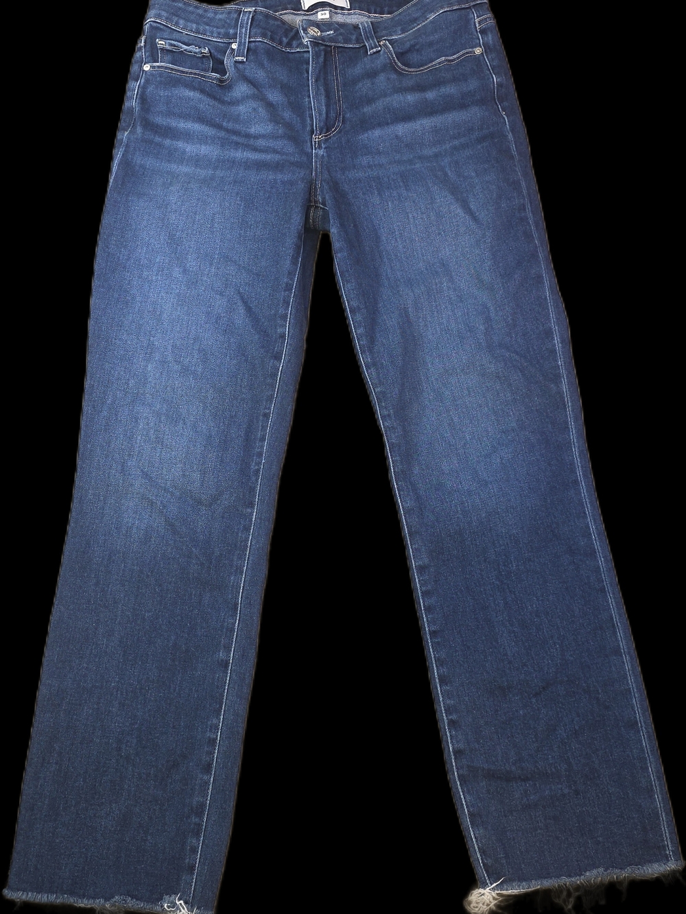 PAIGE Premium Dark Wash Straight Leg Jeans with Raw Hem - Size 30